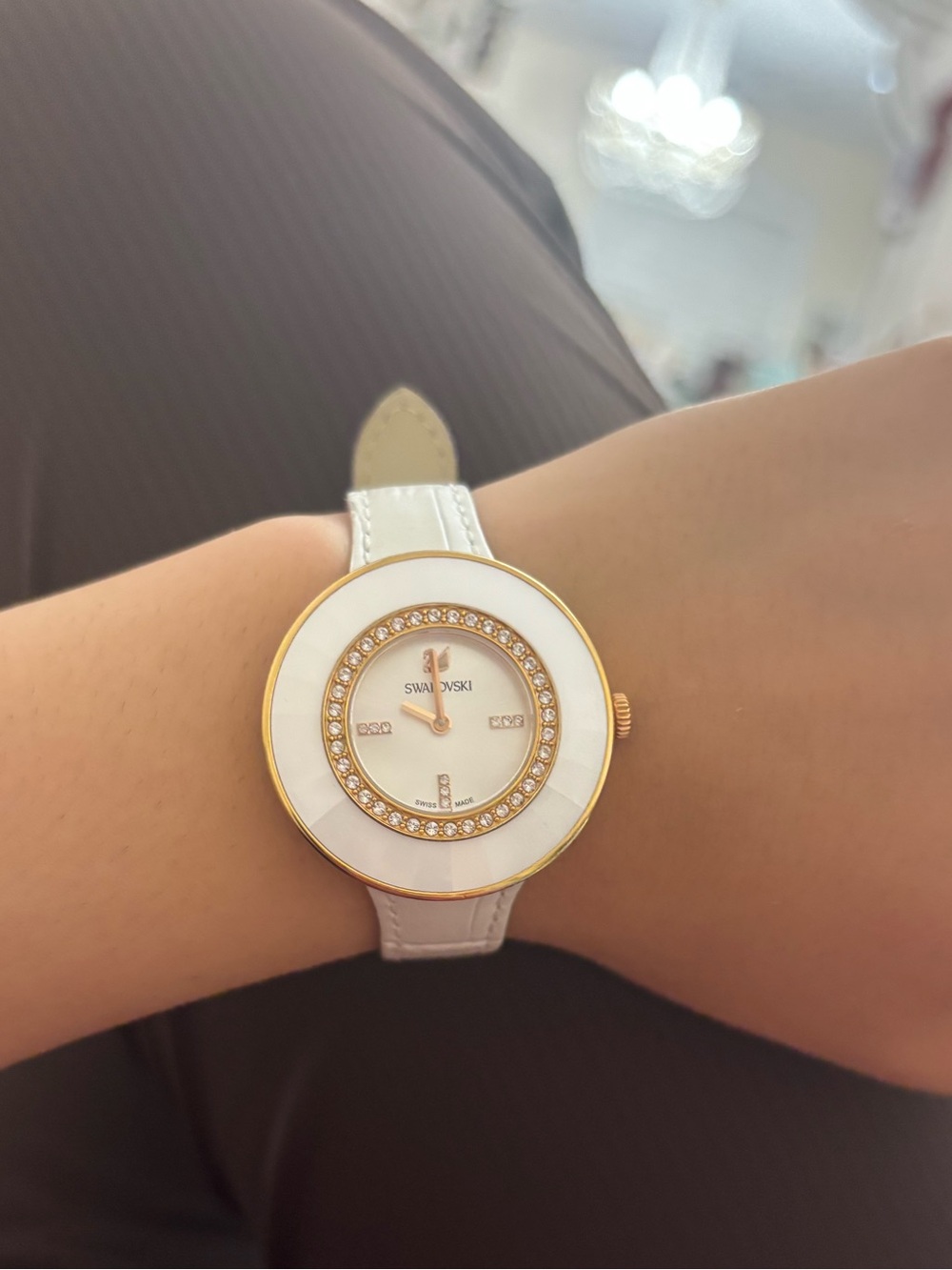 Swarovski Rose Gold Watch with Cream Leather Strap and Floral Caseback